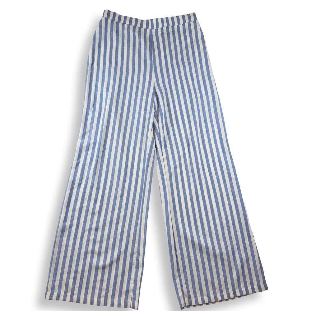 Blue‎ White Striped Wide Leg Cotton Pants Elastic Waist Nautical Coastal Medium